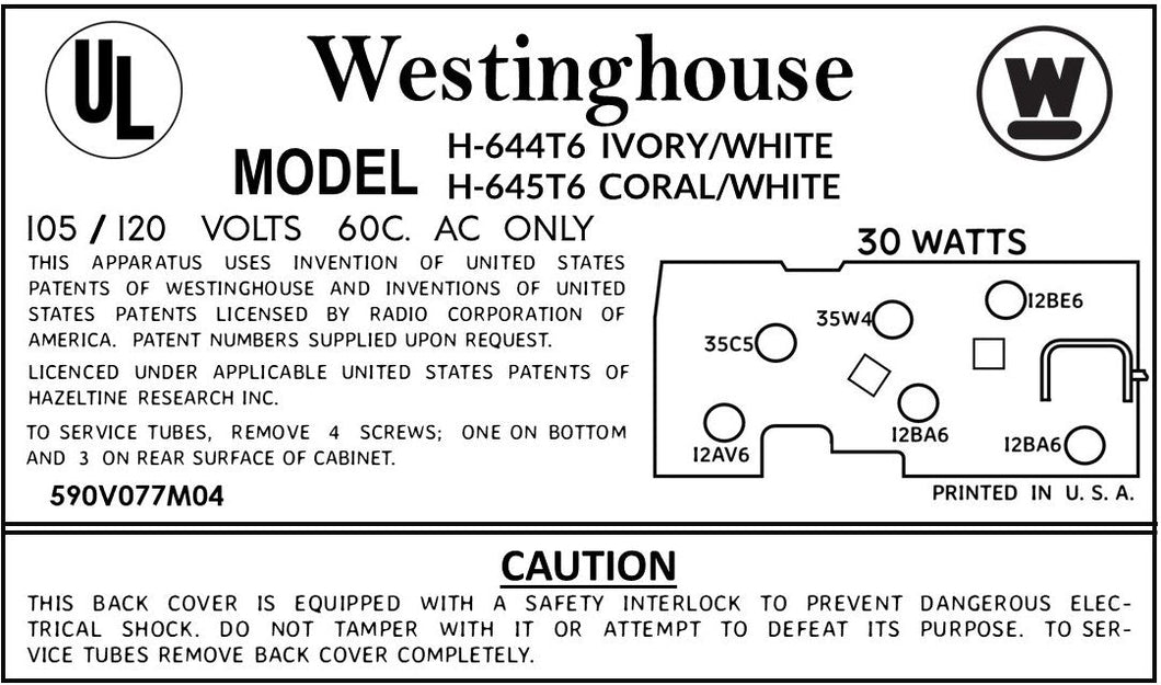WESTINGHOUSE-H644T6-H645T6