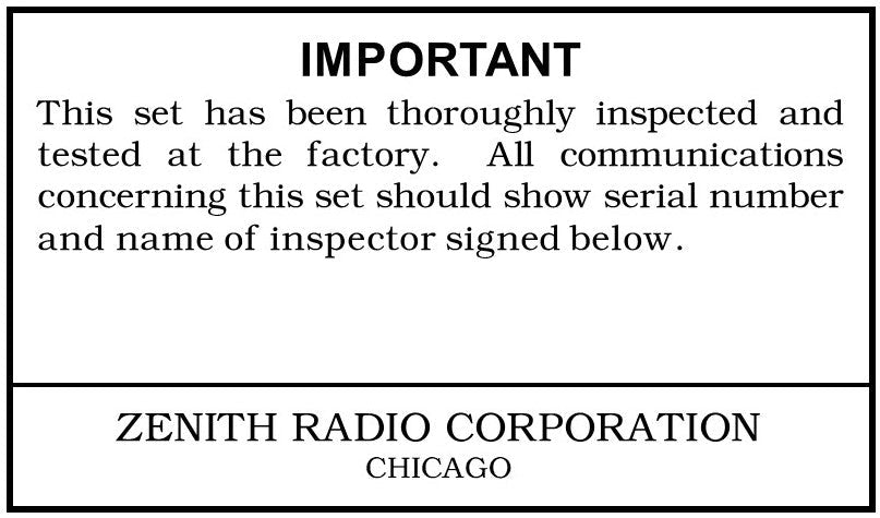 ZENITH-INSPECTION-LABEL - Retro Radio Shop