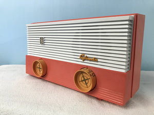 Sylvania 1959 Model 1108 Salmon Pink Tube Radio With Bluetooth input.