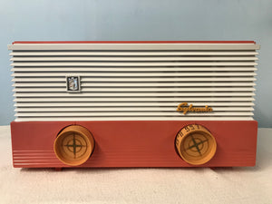 Sylvania 1959 Model 1108 Salmon Pink Tube Radio With Bluetooth input.